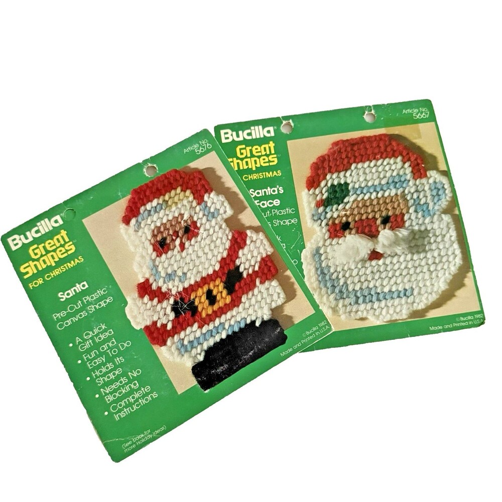 Vtg 80s Bucilla GREAT SHAPES FOR CHRISTMAS Plastic Canvas Kits Santa Lot of 2